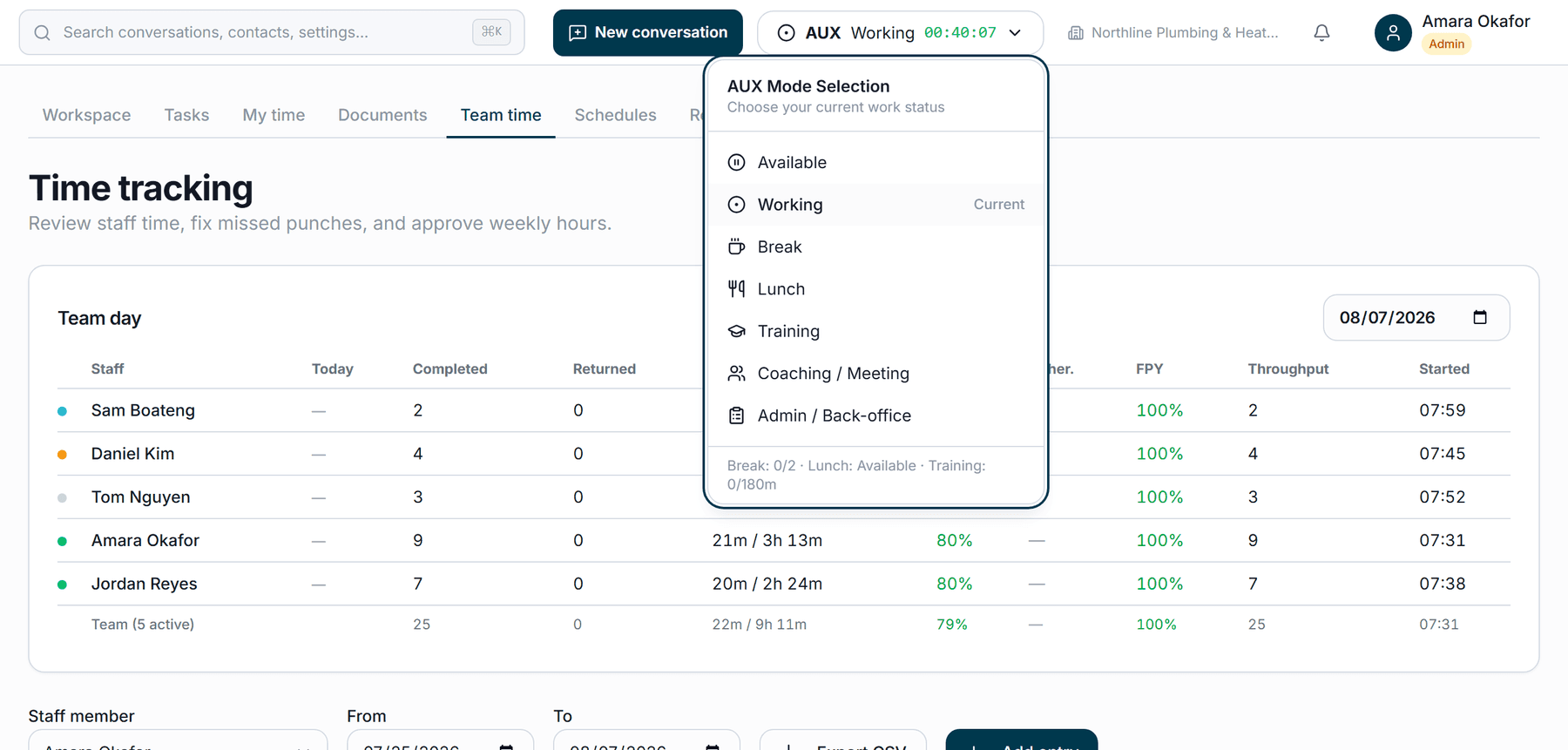 An advisor setting their own status from the Peakify CX status menu: Available, Working, Break, Lunch, Training, Coaching or Admin