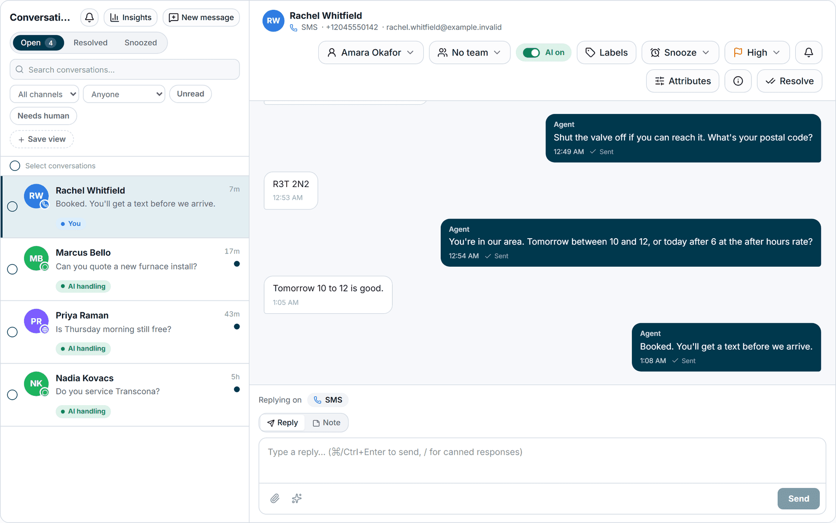 The Peakify CX inbox: every conversation from text, WhatsApp and web chat in one list, with an emergency call-out booked in the open thread