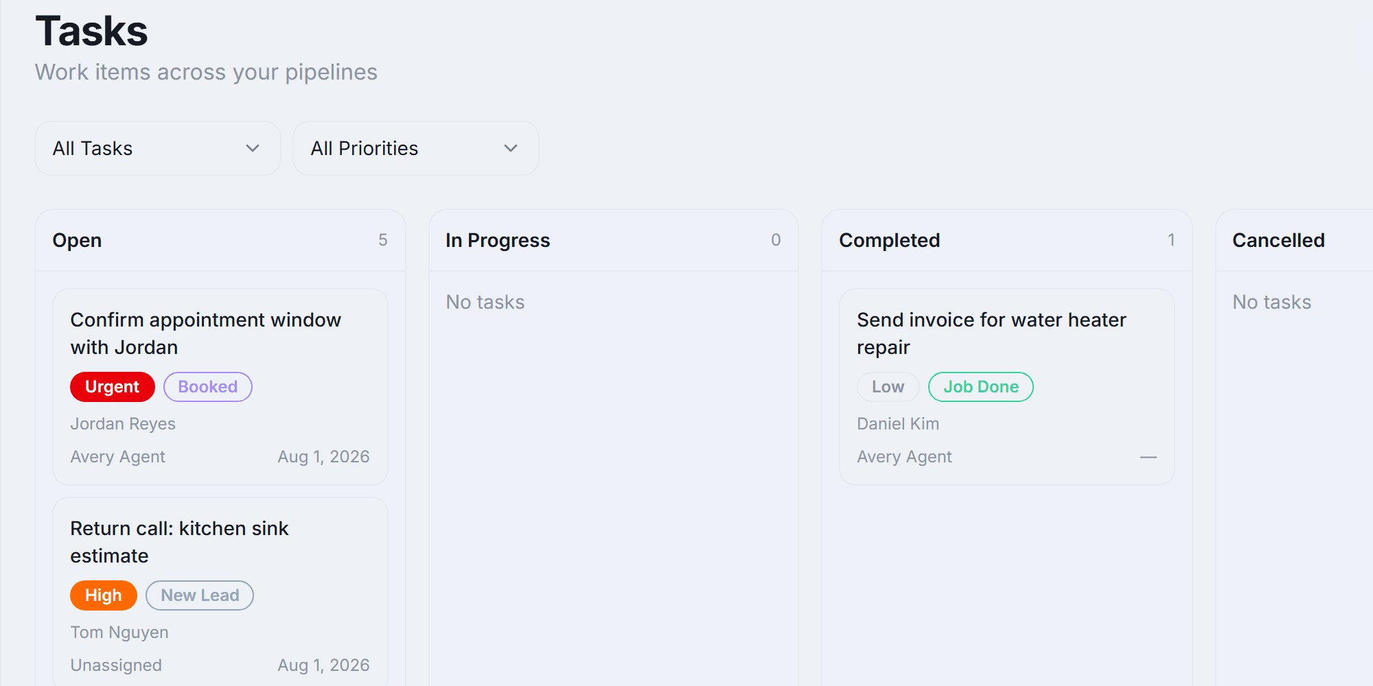 The Peakify CX task board, with Open, In Progress, Completed and Cancelled columns